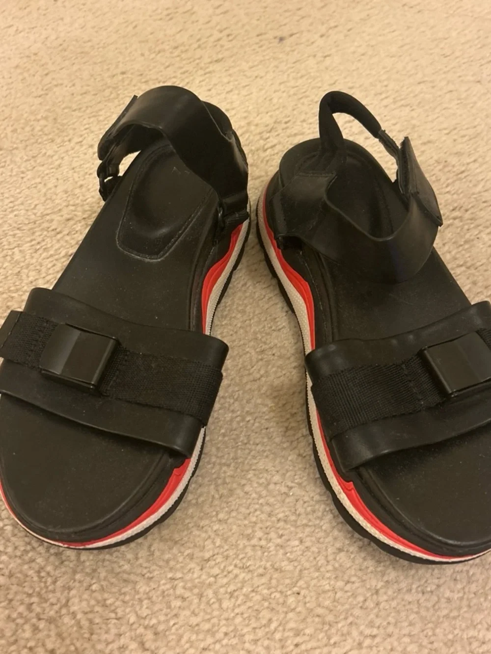 Zara Black Sport Sandals with Red and White Trim